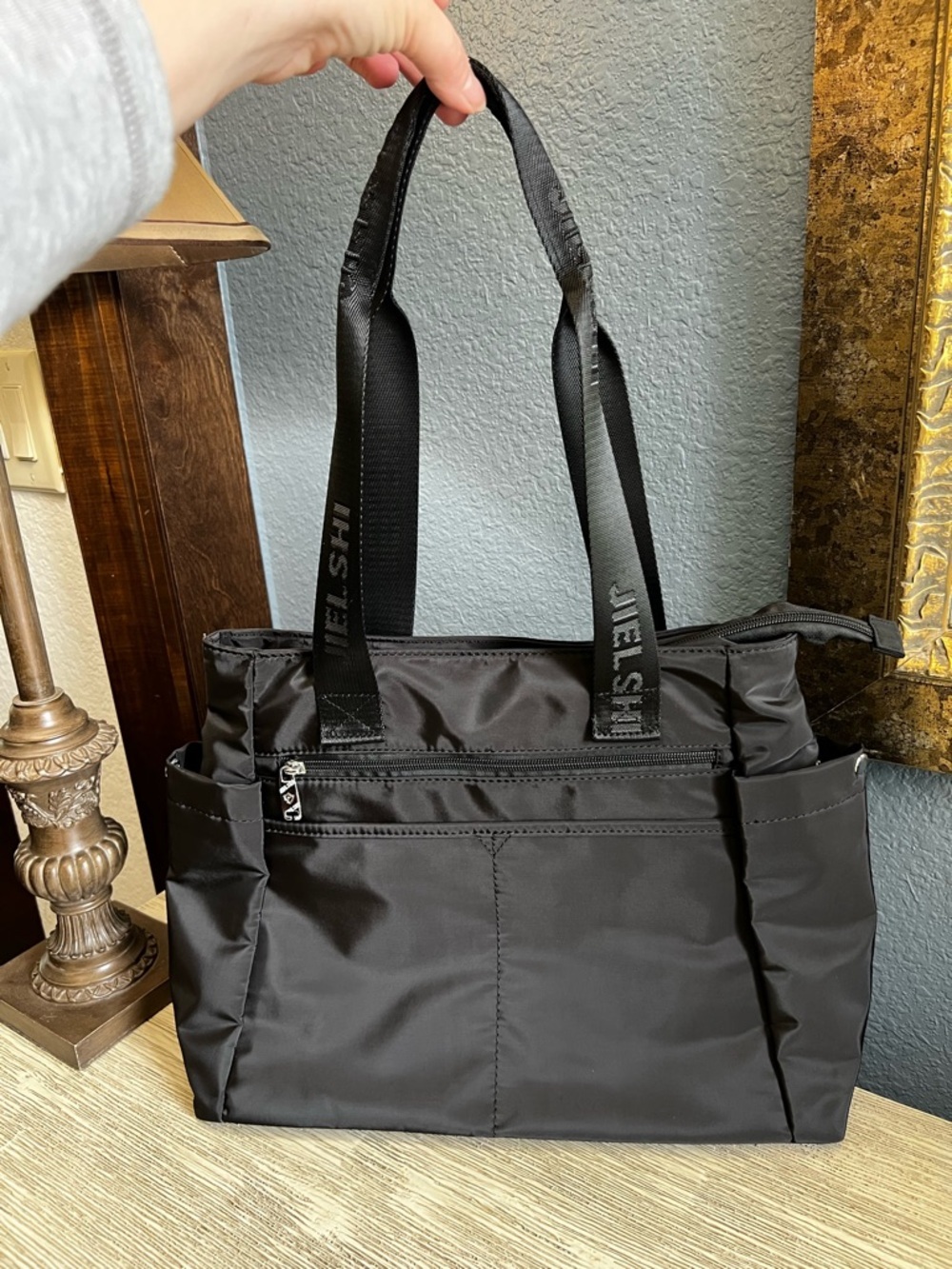 Black Shoulder Tote Bag with Logo Webbing Straps - Picture 3 of 10